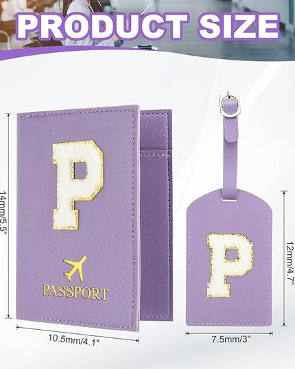 PATIKIL Passport Holder for Travel, Initial Passport Cover and Luggage Tag Set with Alphabet Chenille Letter Patch Travel Wallet Bag Suitcase Identifier for Women Family Travel Purple P