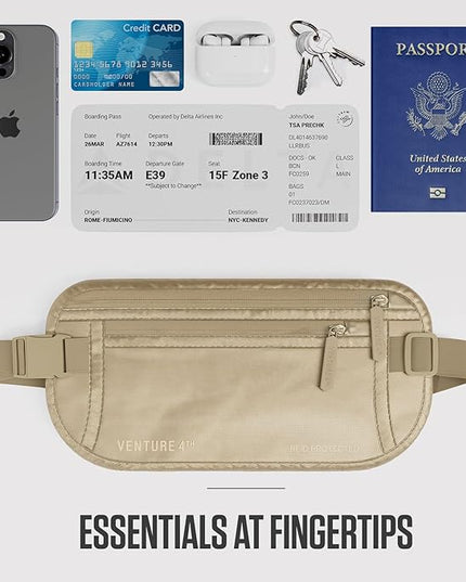 VENTURE 4TH Money Belt for Travel – Hidden Under-Clothes RFID Blocking Passport Holder & Slim Travel Wallet Pouch for Men & Women to Protect Cash, Cards & Documents (Sleek Beige)