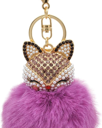 Faux Rabbit Fur Ball Pom Pom Keychain with Fox Head Studded with pearl Rhinestone for Womens Bag Car Key Decoration