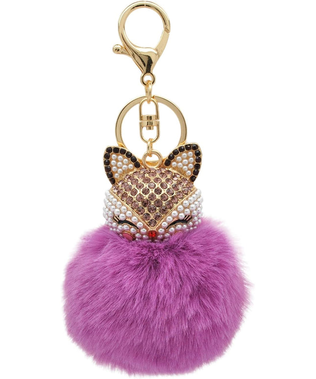 Faux Rabbit Fur Ball Pom Pom Keychain with Fox Head Studded with pearl Rhinestone for Womens Bag Car Key Decoration