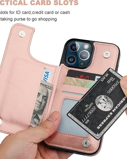ONETOP Compatible with iPhone 13 Pro Max Wallet Case with Card Holder,PU Leather Kickstand Card Slots Case, Double Magnetic Clasp and Durable Shockproof Cover 6.7 Inch(Rose Gold)