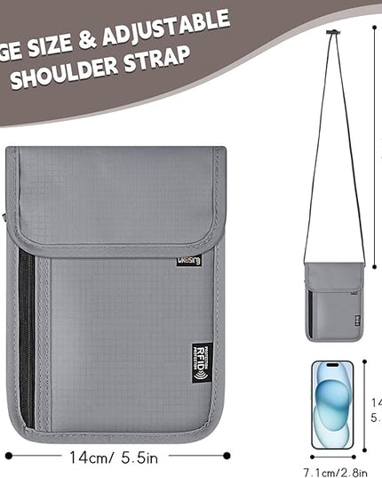 5.5" L x 7.9" W Travel Neck Wallet, RFID Blocking Passport Holder for Travel Women Men, Security Lightweight Travel Wallet, Neck Passport Pouch Gifts for Traveling(Light Grey)