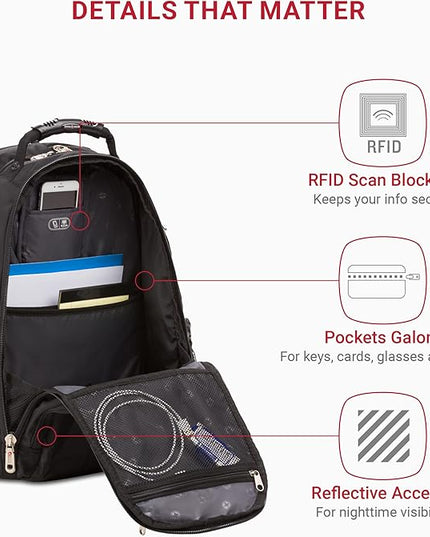 SwissGear 1900 ScanSmart 17” Laptop Backpack Black – Reflective Tech Backpack with ScanSmart Compartment – Multiple Organizer Pockets & RFID Scan Blocking Technology