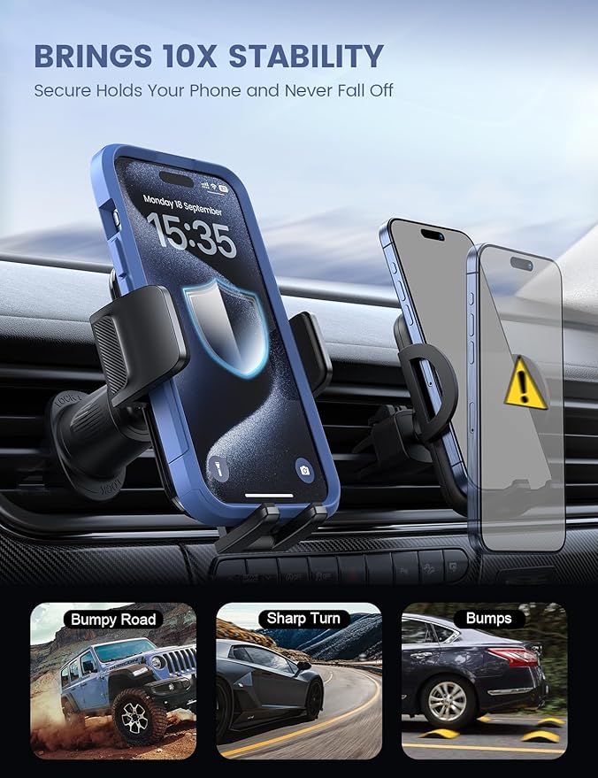 Lamicall 2026 Wider Clamp & Metal Hook Car Phone Holder Vent [Thick Cases Friendly] Phone Holders for Your Car Mount Automobile Hands Free Cradle Air Vent for iPhone 17 16 15 Pro Max Lucite Black