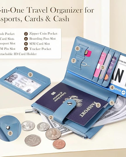 Dadanism RFID Passport Holder for Travel, Pu Leather Passport Wallet Cover with Card Holders, SIM Slots, Zippered Coin Pocket and Cash Slot, Slim Compact Travel Wallet for Women, Blue