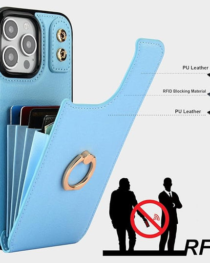 Folosu Compatible with iPhone 16 Pro Max Case Wallet with Card Holder, 360°Rotation Finger Ring Holder Kickstand, RFID Blocking Leather Protective Double Buttons Shockproof Cover 6.9 Inch Blue