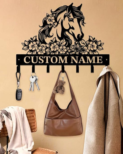 Personalized Custom Name Farm Horse Wall Key Hooks,Metal Horse Art Clothes Hooks,Metal Horse Wall Home Storage Decorative,For Front Door, Hallway, Kitchen, Bedroom,Keys,Hats (Style C)