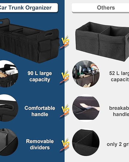 Femuar Large Capacity Trunk Organizer, Waterproof Car Accessory, Non-Slip, Foldable, Suitable for All Vehicles, Black