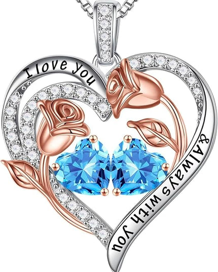 Iefil Christmas Gifts for Women Wife - 925 Sterling Silver Rose Heart Birthstone Necklace Birthday Anniversary Jewelry Gifts for Her Wife Mom Daughter