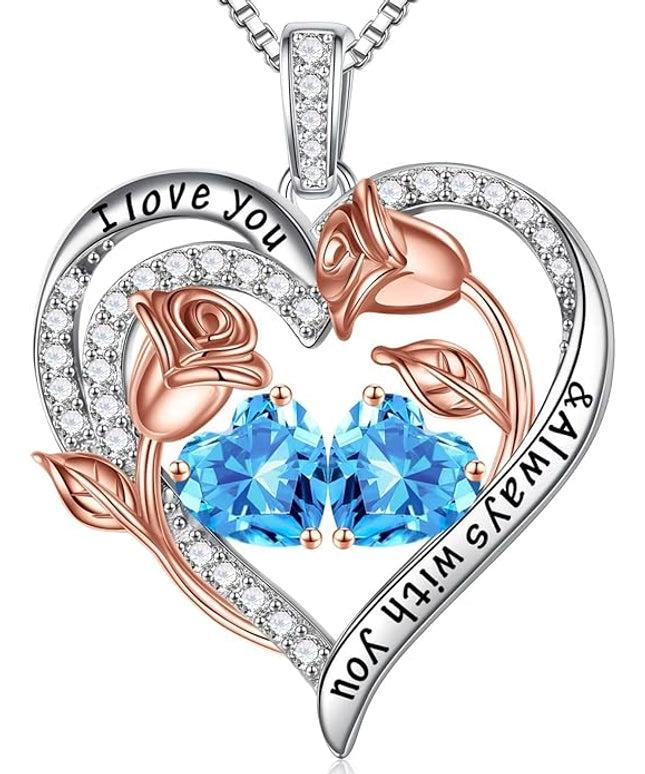 Iefil Christmas Gifts for Women Wife - 925 Sterling Silver Rose Heart Birthstone Necklace Birthday Anniversary Jewelry Gifts for Her Wife Mom Daughter