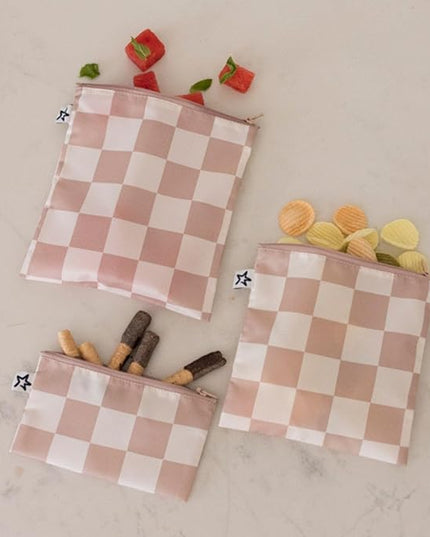 Tiny Twinkle Reusable Snack Bags for Kids – 3 Pack Snack Pouches & Sandwich Bag for Toddlers – Machine Washable, Mess-Proof for Lunch & Travel (Beige Checkers)