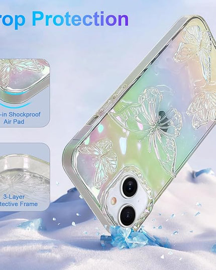 Cute Case for iPhone 14 & 13 Case for Women Girls, with 3D Butterflies Pattern Design, Aesthetic Clear Iridescent Glitter Kawaii Girly Rainbow Protective Phone Cover