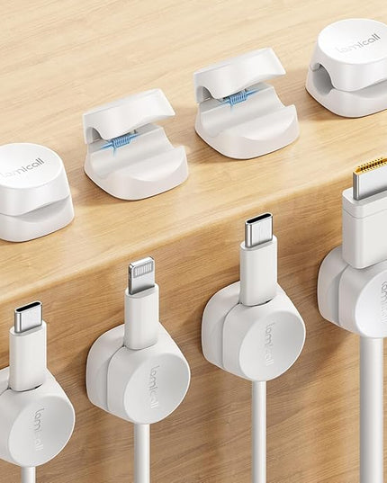 8Pack Cord Organizer [1s Lock] Spring Cable Management Clips - Lamicall Desk Cord Holder, Adhesive Cute Round Cable Clip, Phone Charger Wire Organizer Keeper for Nightstand Car Office Accessory, White