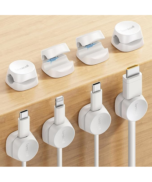 8Pack Cord Organizer [1s Lock] Spring Cable Management Clips - Lamicall Desk Cord Holder, Adhesive Cute Round Cable Clip, Phone Charger Wire Organizer Keeper for Nightstand Car Office Accessory, White
