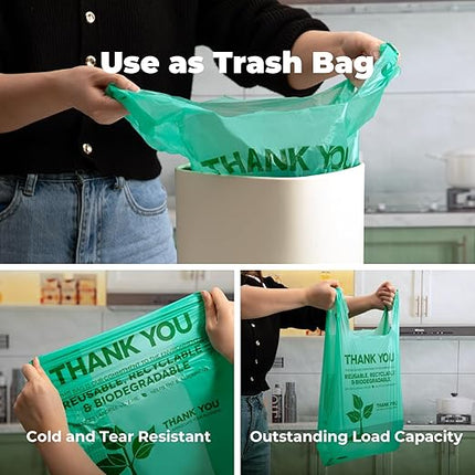 FMP Brands Eco Biodegradable Plastic Grocery Bags - 100 Count with Handles, Thank You T-Shirt Shopping Bags Bulk for Small Business, Restaurant, Groceries, Supermarket
