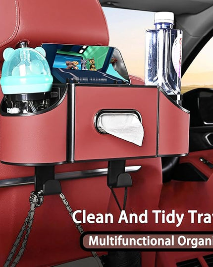 Back Seat Car Organizer,4 in 1 Multifunctional Car Back Seat Storage Box with Drink Cup Holder Tissue Box, for Hold Phone,Snacks, Drinks, Handbag-Red