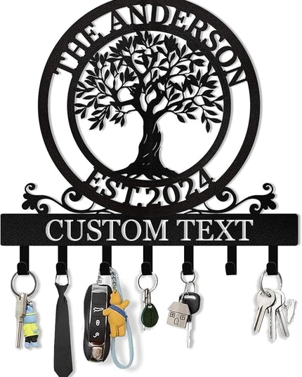 KAINSY Personalized Metal Key Holder Tree of Life - Custom Name, Key Hooks, Coat Rack, Key Hanger for Wall, Home Decor, Housewarming Gift