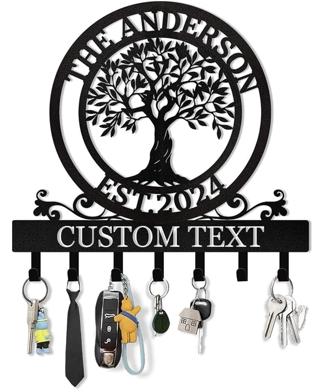 KAINSY Personalized Metal Key Holder Tree of Life - Custom Name, Key Hooks, Coat Rack, Key Hanger for Wall, Home Decor, Housewarming Gift