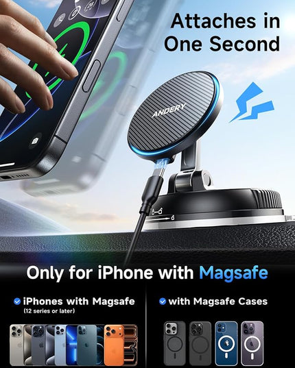 ANDERY Only for iPhone Magsafe Car Mount Charger [15W Fast Wireless Charging, 78+LBS Strong Suction, 2400gf Strong Magnetic] 360° Adjustable Car Phone Holder, Phone Holders for Your Car, Carbon Fiber