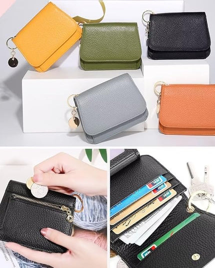 Mudono Small Wallet for Women RFID Blocking Genuine Leather Card Case Slim Tri-Fold Wallet with Zipper Pocket and Keychain