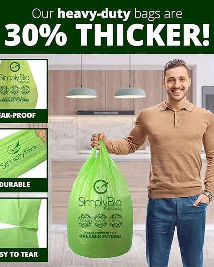 Simply Bio 13 Gallon Compostable Trash Bags Liners with Handle-Tie, Thick 0.87 Mil, 49.21 Liter, 30 Bags, Tall Kitchen Food Scrap Waste Bag, ASTM D6400, US BPI and OK Compost Home Certified