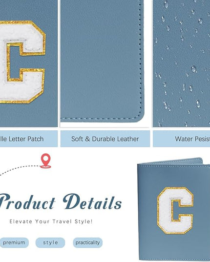 Initial Passport Cover Holder and Luggage tag Set,PU Leather Passport Case Travel Suitcase Tag with Letter Patch, Personalized Travel Luggage Accessories Gifts for Women Grils Teenage Haze Blue S