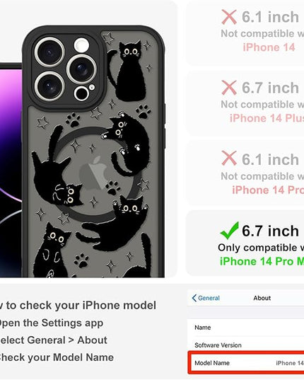 Cute Magnetic Case for iPhone 14 Pro Max Case [ Compatible with MagSafe ] with Black Cat Cats Pattern Design for Women Girls Boys, Soft Bumper Hard Back Kawaii Animal Protective Phone Cover