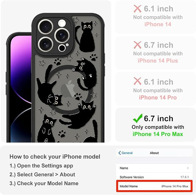 Cute Magnetic Case for iPhone 14 Pro Max Case [ Compatible with MagSafe ] with Black Cat Cats Pattern Design for Women Girls Boys, Soft Bumper Hard Back Kawaii Animal Protective Phone Cover