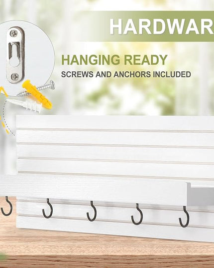 Lwenki Decorative Key Holder for Wall with Shelf, Entryway Shelf with Hooks Holds Leashes, Jackets and Glasses – Sturdy Wood Keyholder Entrance Hanger with Mounting Hardware (White, Medium)