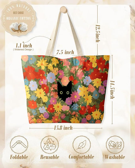 Large Tote Bag for Women - Canvas Tote Bag with Zipper Aesthetic Reusable Shoulder Bag for Gym, Travel, Work