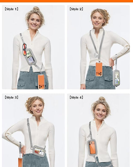 takyu Clip and Go Strap for Phone with Wallet Crossbody, 4-in-1 Hands-Free Phone Lanyard with Detachable Wallet Wristlet Strap, Convertible Crossbody Bags with ID Window for Women Travel, Grey