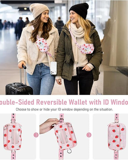 Clip and Go Strap for Phone with Wallet Crossbody Phone Lanyard and Detachable Checkered Bag with ID Window and RFID Pouch for Daily Travel. Strawberry