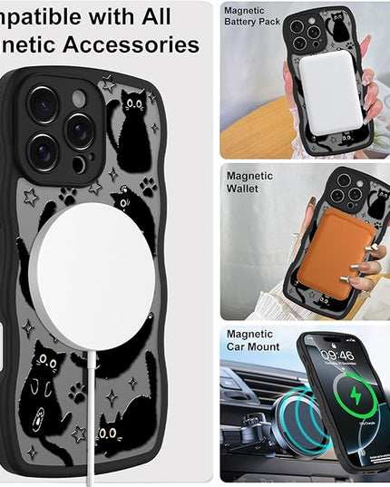 Cute Case for iPhone 16 Pro Max Case [Compatible with MagSafe] with Kawaii Black Cats Cat Print Pattern Design for Women Girls, Soft Wavy Edge Anti-Slip Animal Magnetic Protective Phone Cover