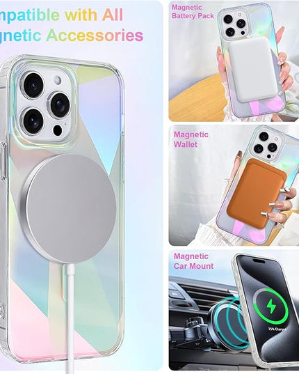 Cute Case for iPhone 15 Pro Max Case for Women Girls [ Compatible with Magsafe ] Clear Glitter Girly Aesthetic Rainbow Sparkly Bling Magnetic Phone Cover, Iridescent Geometry