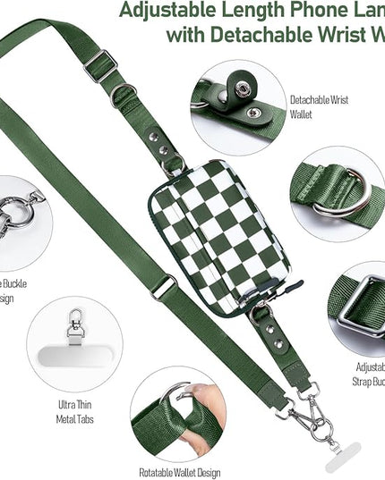 Clip and Go Strap for Phone with Wallet Crossbody Phone Lanyard and Detachable Checkered Bag with ID Window and RFID Pouch for Daily Travel.