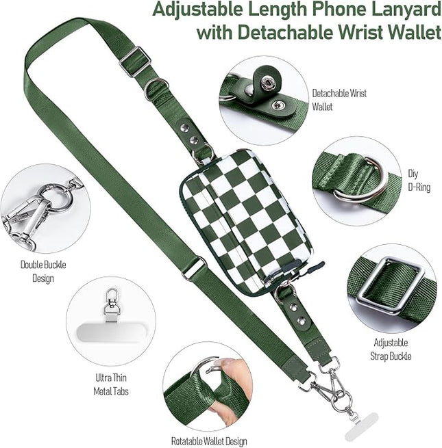 Clip and Go Strap for Phone with Wallet Crossbody Phone Lanyard and Detachable Checkered Bag with ID Window and RFID Pouch for Daily Travel.