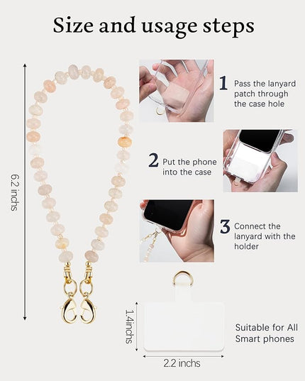 Natural Stone Beaded Phone Wrist Strap for Women – Detachable Chain Wristlet, Durable 304 Stainless Steel Core (Light Pink)