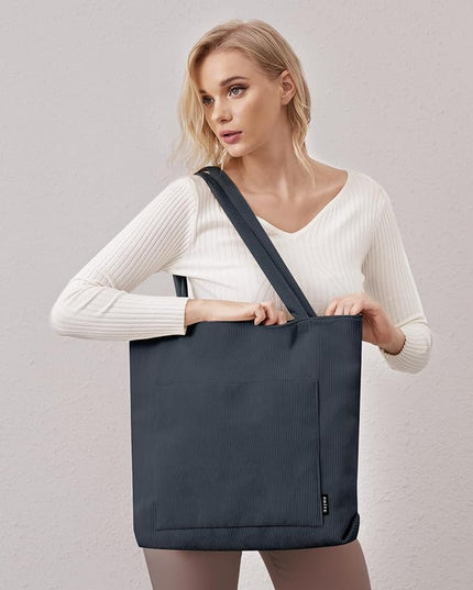 Prite Corduroy Tote Bag for Women Large Shoulder Bag with Zipper and Pockets for College Work Travel Shopping