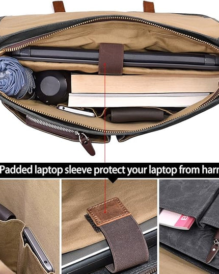Mens Messenger Bag 15.6 Inch Waterproof Vintage Genuine Leather Waxed Canvas Briefcase Large Satchel Shoulder Bag Rugged Leather Computer Laptop Bag, Grey