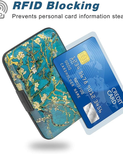 Atufsuat Credit Card Holder, Mini Aluminum Card Wallet RFID Blocking Slim Metal Hard Card Case for Women Men, Almond Blossom