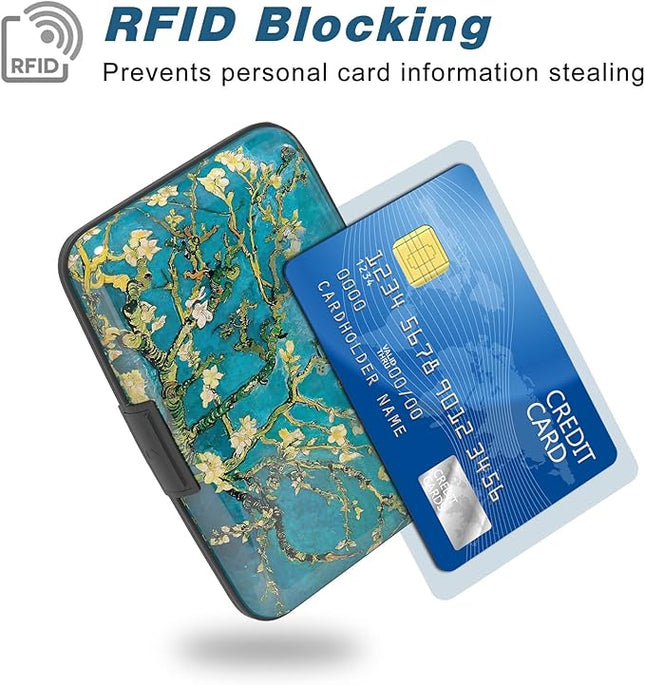 Atufsuat Credit Card Holder, Mini Aluminum Card Wallet RFID Blocking Slim Metal Hard Card Case for Women Men, Almond Blossom