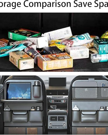 2 Pack Leather Car Backseat Organizer with Foldable Table Tray, Car Storage Organizer with Tablet Holder, Car Seat Back Protectors Kick MatsTravel Accessories