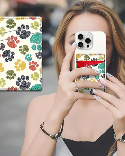 Phone Card Holder, Dual Pocket Leather Wallet Adhesive Stick On, Cute Credit Card Holder for Smartphones Case Compatible with Most Phone（Animal footprints）