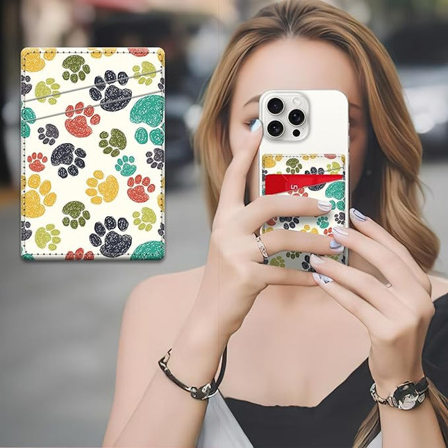 Phone Card Holder, Dual Pocket Leather Wallet Adhesive Stick On, Cute Credit Card Holder for Smartphones Case Compatible with Most Phone（Animal footprints）