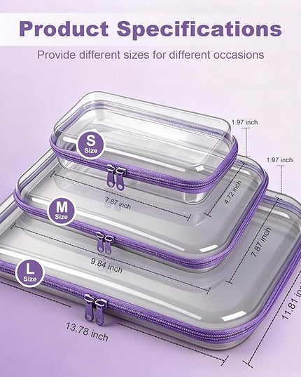 5 Pack Clear Hard Shell Zipper Pouches, TSA Friendly Transparent Design for Toiletries & Electronics, Crush-Resistant Storage for Carry-On Travel (Purple)
