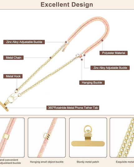 Crossbody Phone Lanyard, Adjustable Multicolor Braided Phone Strap and Phone Chain Strap Combination, Sturdy Metal Buckle and 360° Rotatable Phone Tether Tab, Orange Card Strip