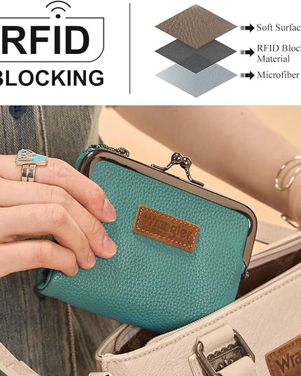 Montana West Wrangler Women's Wallet RFID Blocking Wallets Small Bifold Credit Card Holder with Kiss Clasp Turquoise
