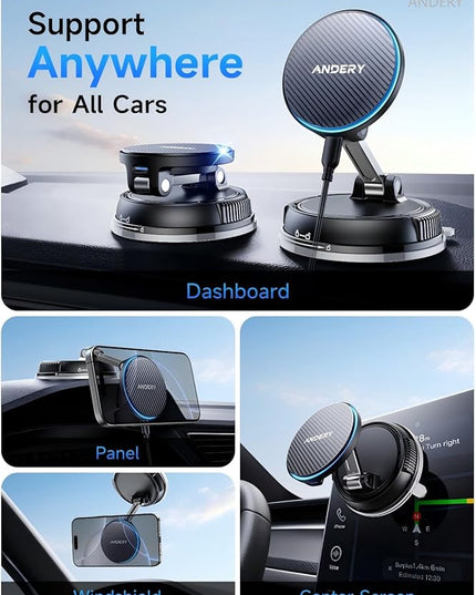 ANDERY Only for iPhone Magsafe Car Mount Charger [15W Fast Wireless Charging, 78+LBS Strong Suction, 2400gf Strong Magnetic] 360° Adjustable Car Phone Holder, Phone Holders for Your Car, Carbon Fiber