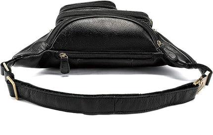 Genuine Leather Fanny Pack large capacity Crossbody Waist Bag with Zipper phone Pockets black