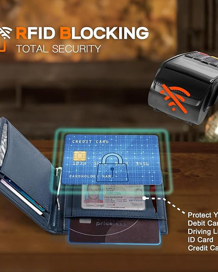 RUNBOX Slim Wallet for Men Genuine Leather RFID Blocking Bifold Minimalist Front Pocket Mens Wallet with Money Clip Thin Gift Box
